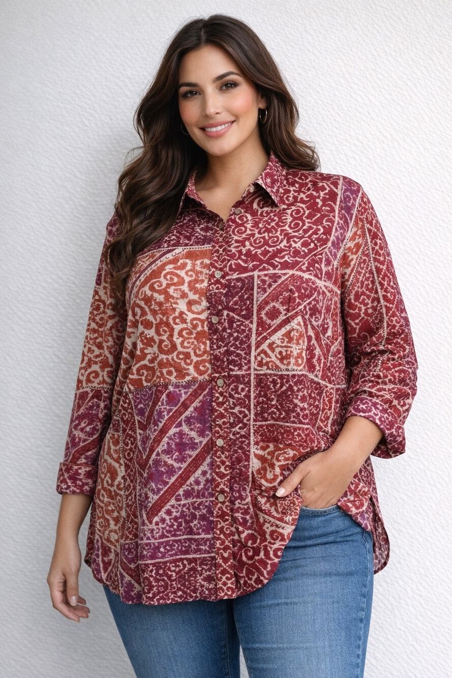 Ralph Lauren Red Abstract Batik Button Down Long Sleeve Blouse Shirt 2x Cotton